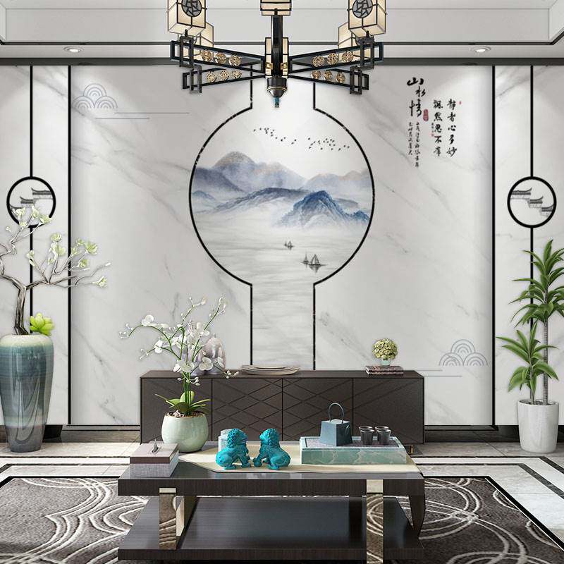 新中式电视背景墙壁纸简约客厅沙发山水情画意境墙纸卧室无缝墙布