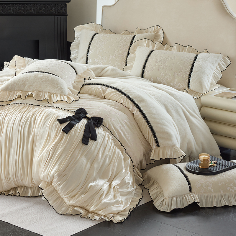 2025秋冬新品法式轻奢兔毛绒金丝绒提花加厚牛奶绒褶皱边四件