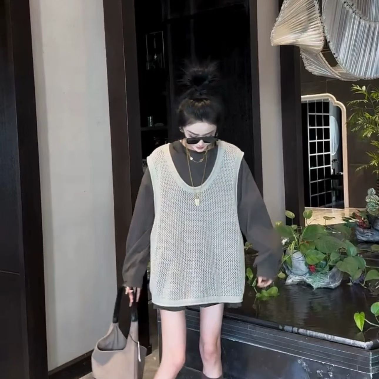 25秋韩版复古针织背心拼接长袖T恤女真两件宽松显瘦百搭打底衫潮