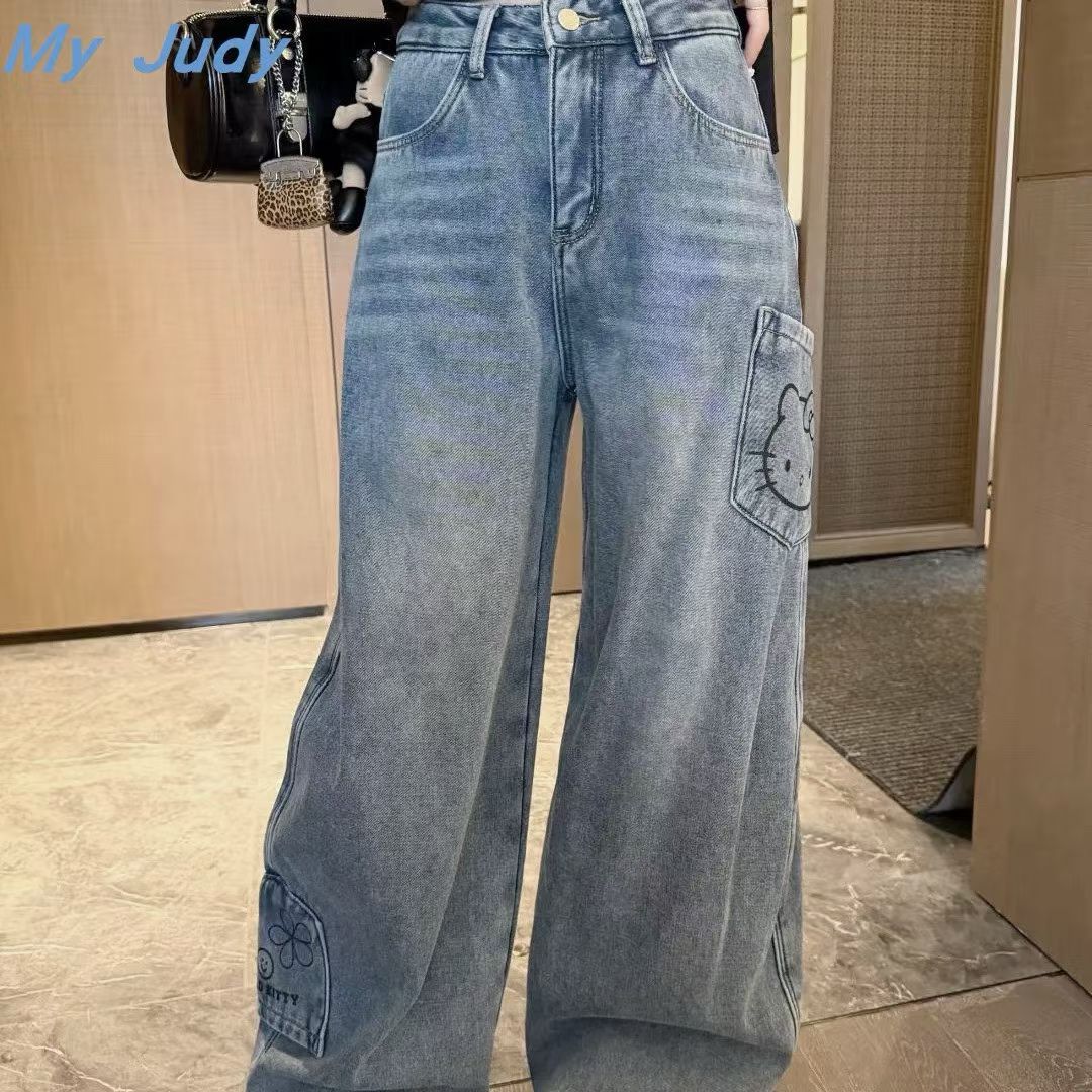 韩版KT猫加绒高腰阔腿牛仔裤女