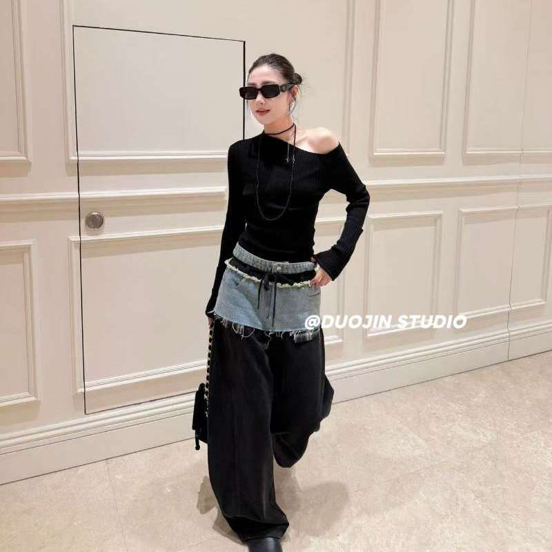 韩版牛仔腰拼接阔腿裤