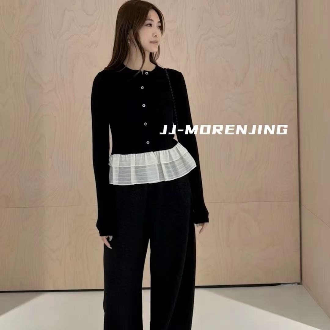 韩系荷叶边假两件长袖t恤女25ss黑色拼接设计感显瘦打底衫上衣