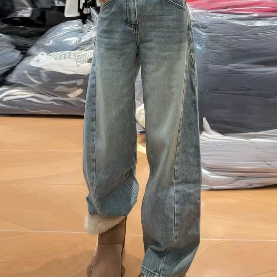 冬季加绒复古高腰阔腿显瘦牛仔裤