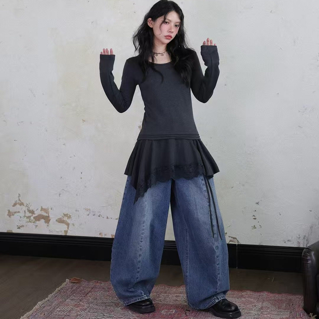 叠穿神器重工蕾丝花边飘带收腰显瘦长袖T恤女黑色圆领打底衫