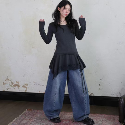 蕾丝花边飘带收腰显瘦长袖T恤