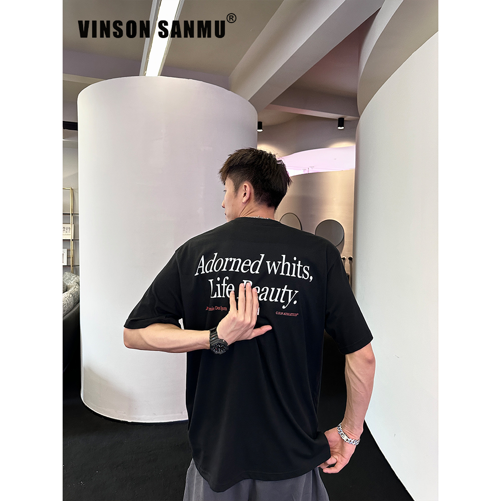 VINSON叁木 夏季短袖美式高街字母印花T恤宽松圆领潮男女情侣t恤