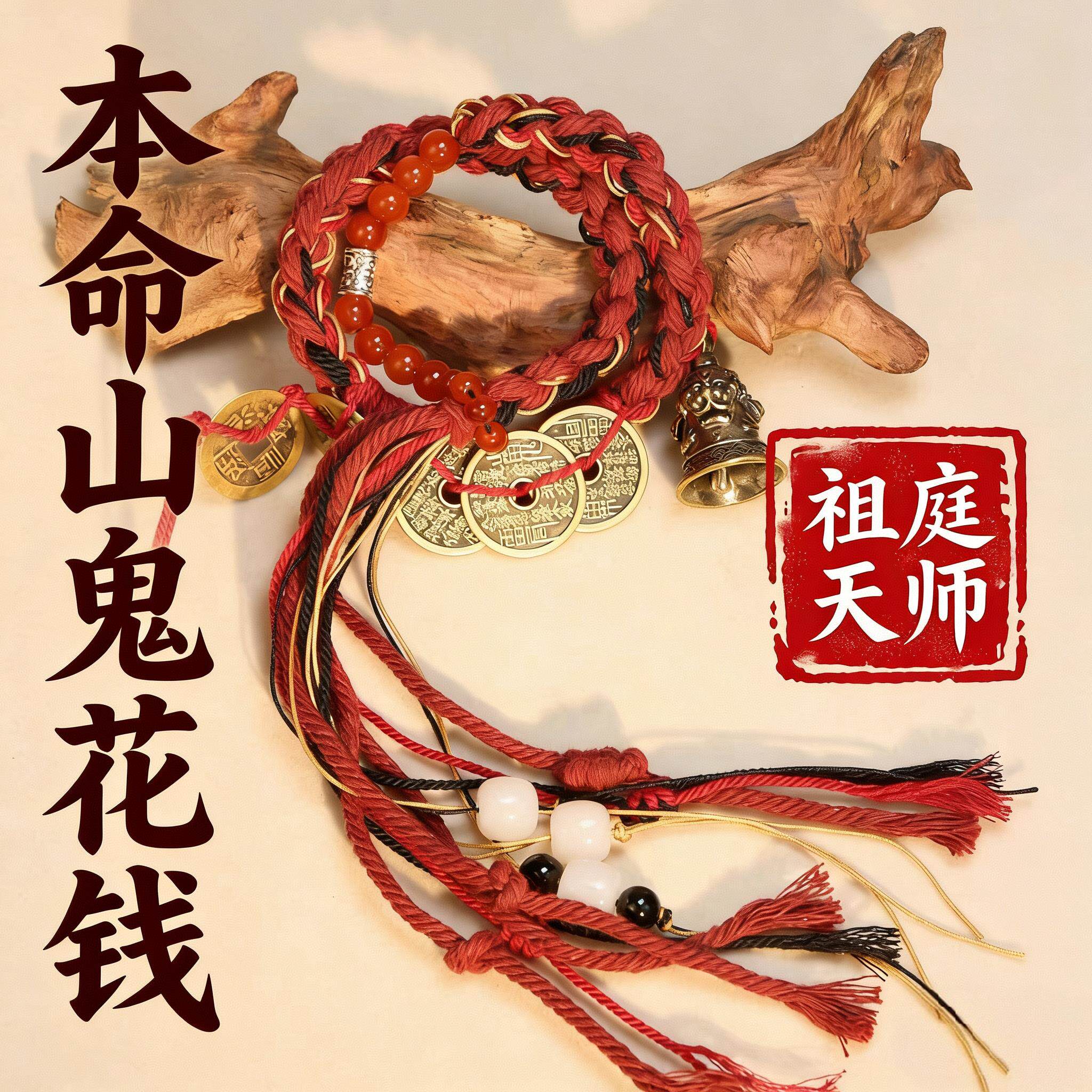 龙虎山天师祖庭山鬼花钱手链道家手串新中式编织纯铜八卦手绳饰品