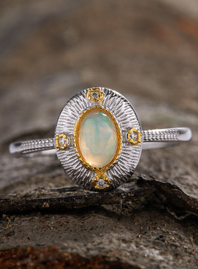 轻奢个性高端天然澳宝彩宝戒指女S925纯银时尚百搭开口戒叠戴饰品