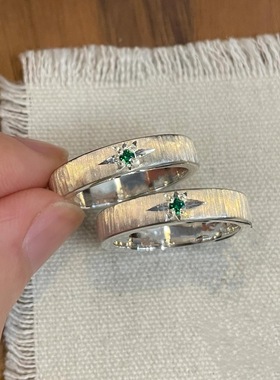 S925纯银墨绿锆石拉丝戒指坠入星辰女小众设计感开口星芒素圈指环