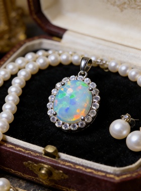 轻奢优雅纯天然超美欧泊吊坠手工精选彩色火彩10x12主石澳泊项链