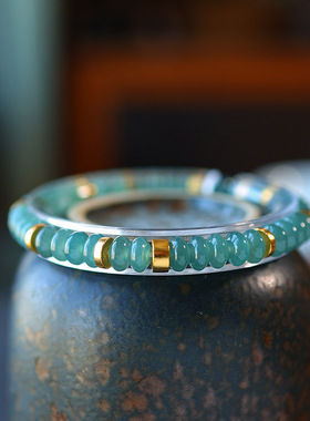 危地马拉天然a货翡翠蓝水鼓珠手链女生首饰通体925银镀金水晶手串