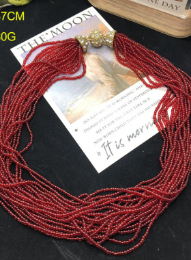 欧美风百搭项链红色米珠热销颈链中古首饰多股米珠磁吸扣毛衣链