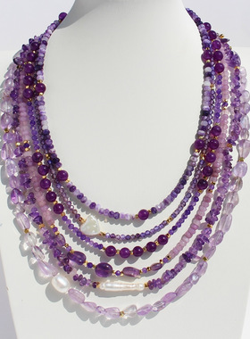 原创高贵紫色天然石串珠项链高级水晶巴洛克珍珠叠戴锁骨链424-1