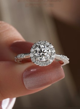 纯银戒指女一克拉富贵花圆包莫桑石带证书戒指空托活闭口跨境批发