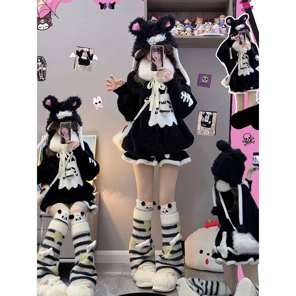 幽灵猫猫黑色毛衣宽松保暖毛茸茸圆领上衣+短裙冬季新款套装