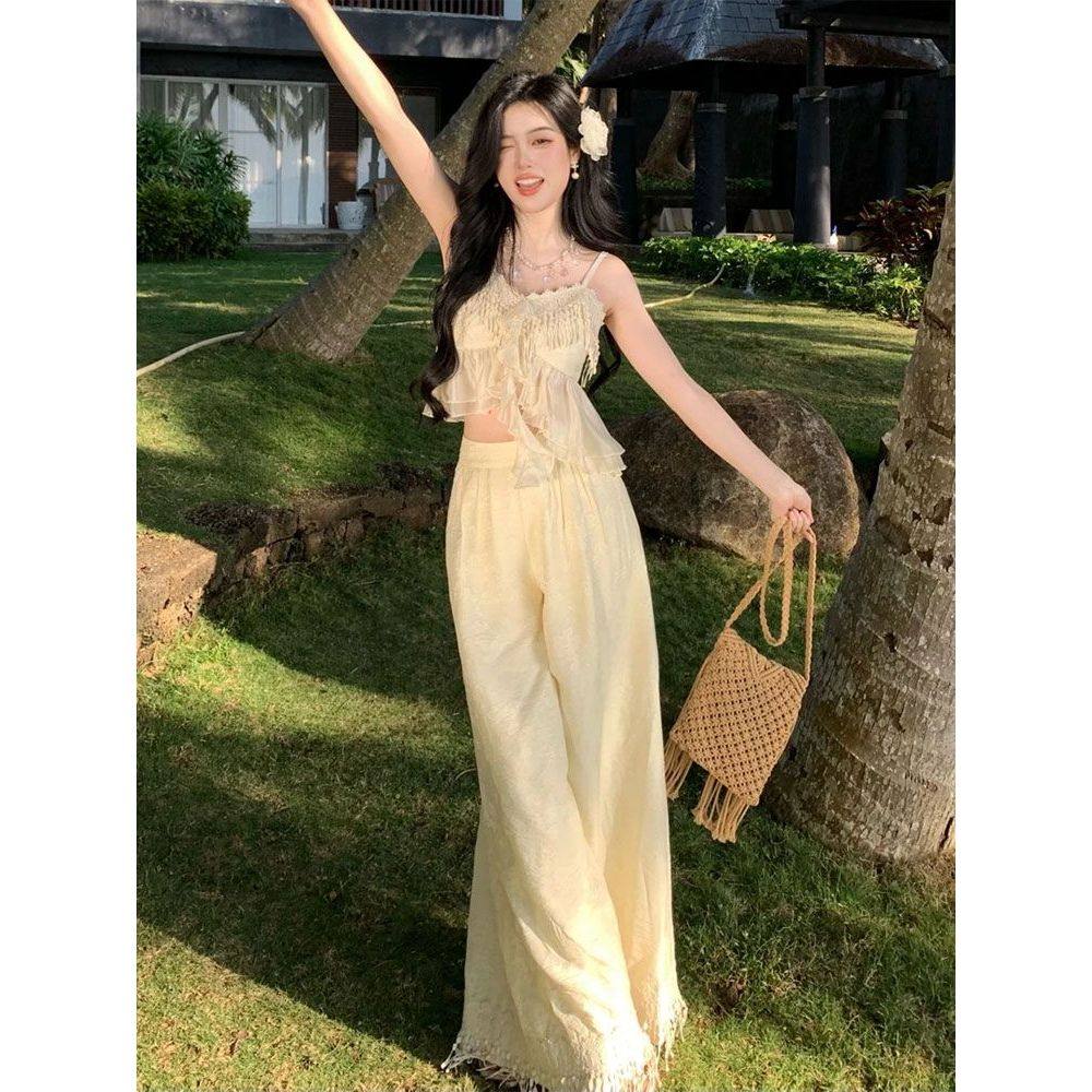 落花惊雨 V领褶皱不规则层纱上衣+阔腿长裤+开衫三件套度假风套装,女装/女士精品,时尚套装,淘宝优惠券,粉丝福利购,淘宝优惠卷