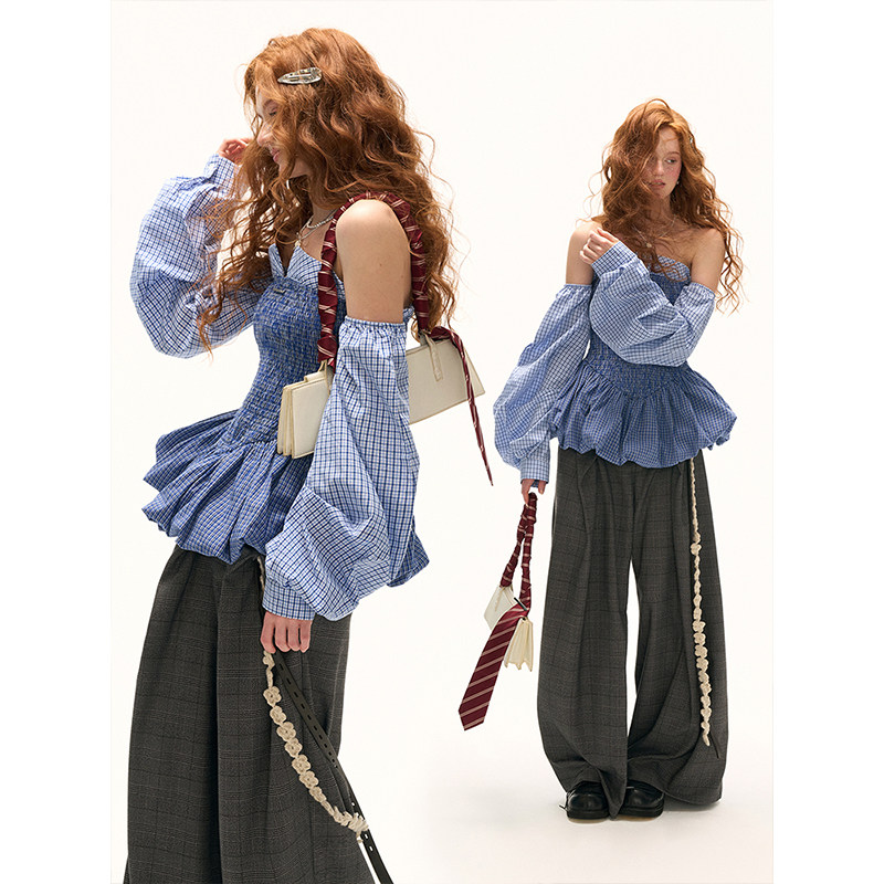 美式复古蓝色抹胸花苞上衣格纹阔腿裤两件套秋季新款小众百搭套装,女装/女士精品,时尚套装,淘宝优惠券,粉丝福利购,淘宝优惠卷