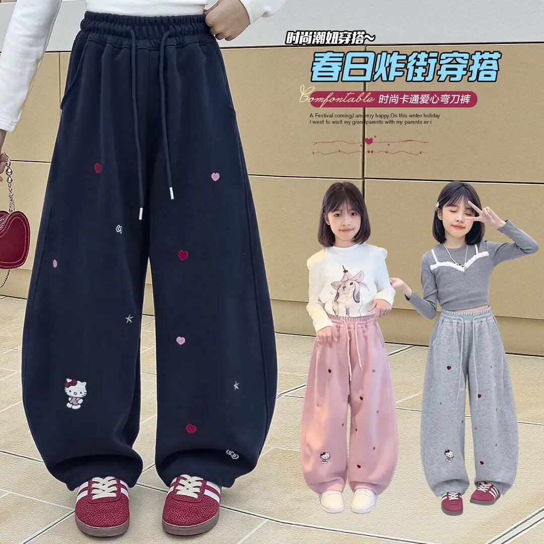 [一裤两穿]儿童春款2026新款宽松百搭女大童长裤子学生卫裤弯刀裤