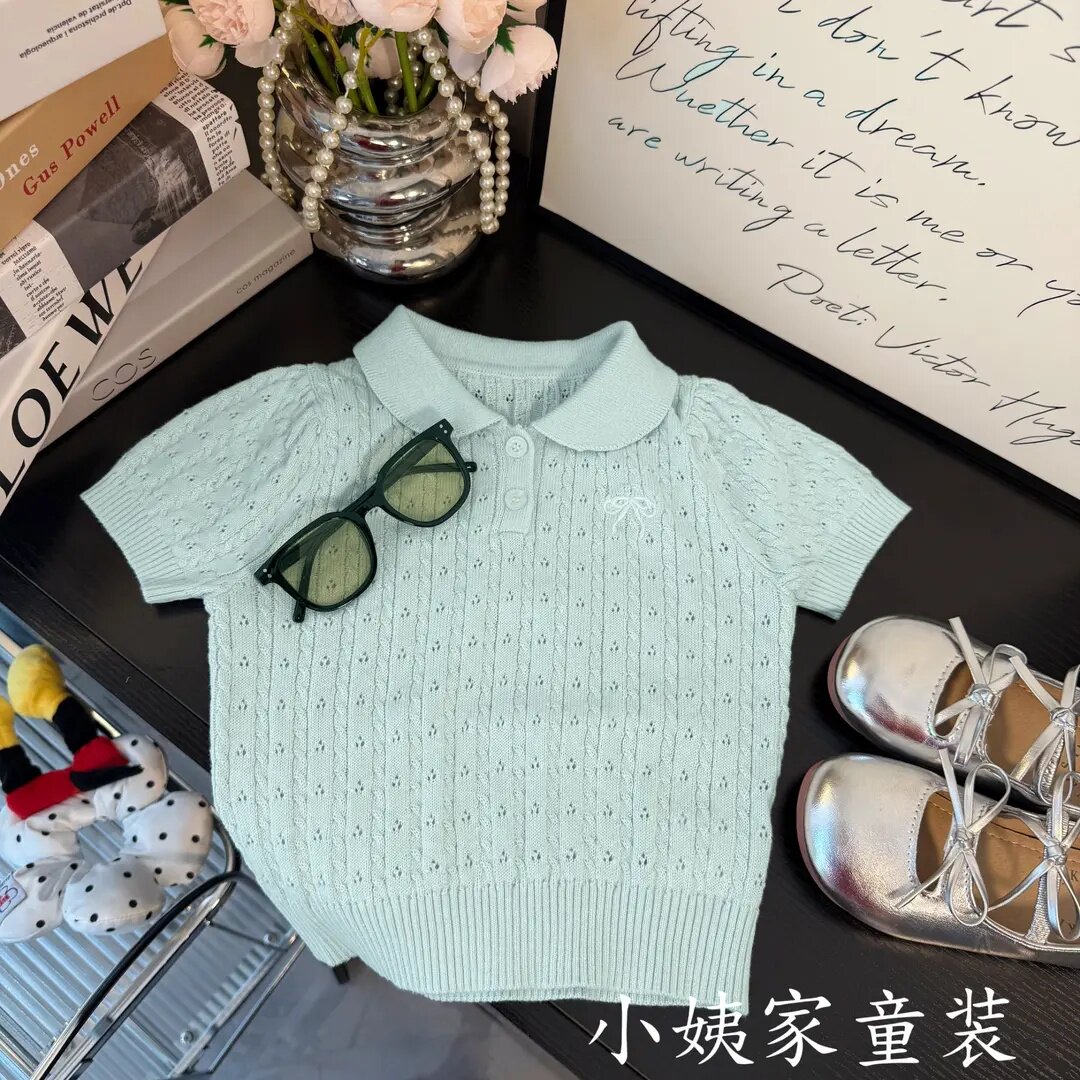 女童夏季针织短袖洋气翻领女宝宝蝴蝶结针织T恤薄款百搭上衣