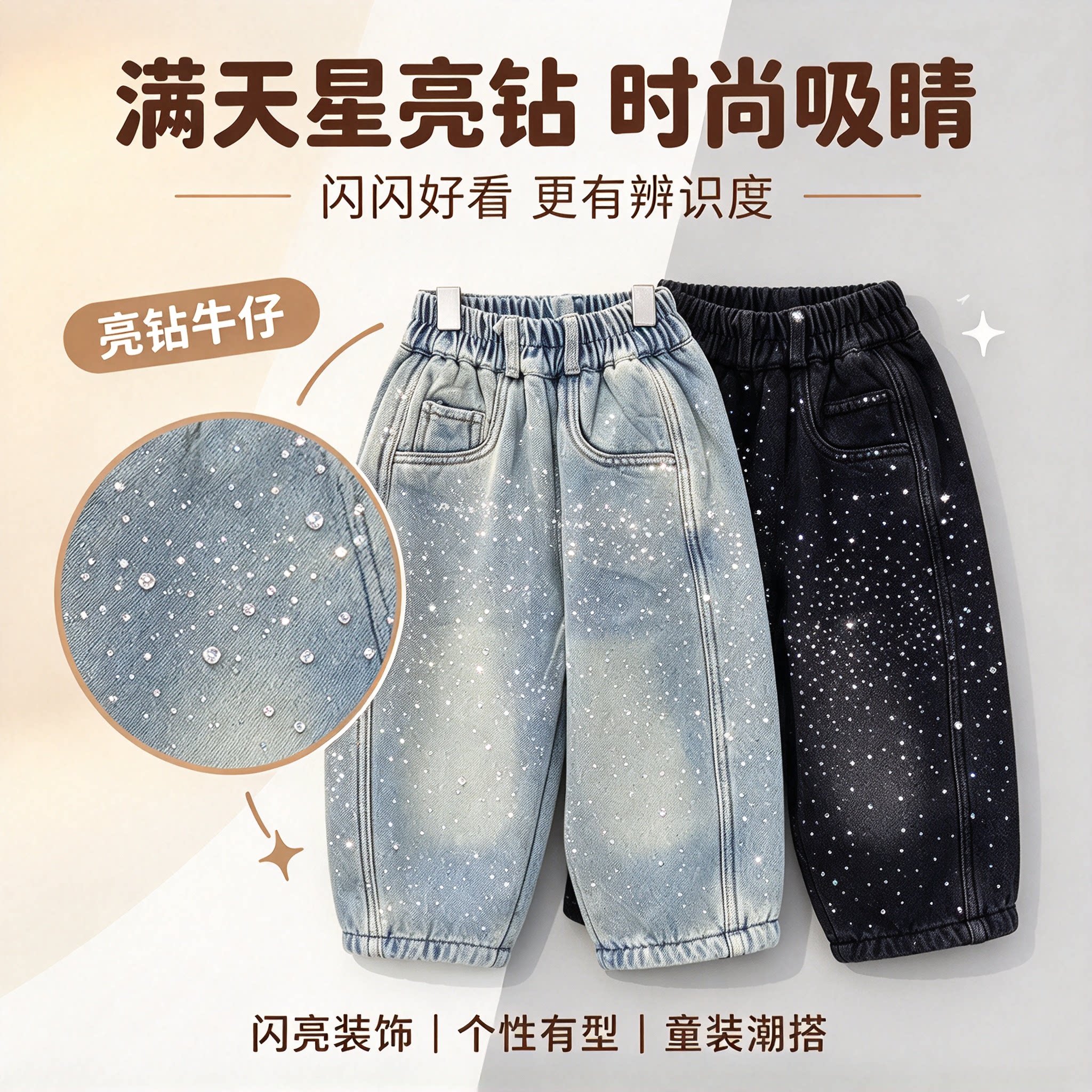 璨星闪满钻爆闪童牛仔加绒裤