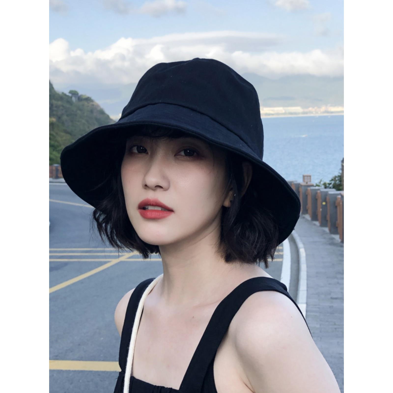 网红黑色渔夫帽女夏韩版百搭日系防晒遮阳太阳帽子男盆帽2025新款