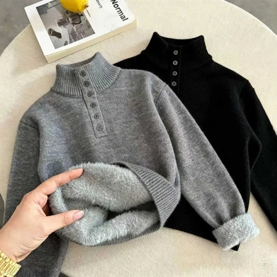 男童加厚半高领一体绒保暖毛衣