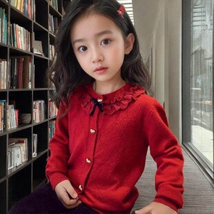 女童小香风针织开衫秋装新款韩版小女孩洋气红色新年毛衣外套秋冬