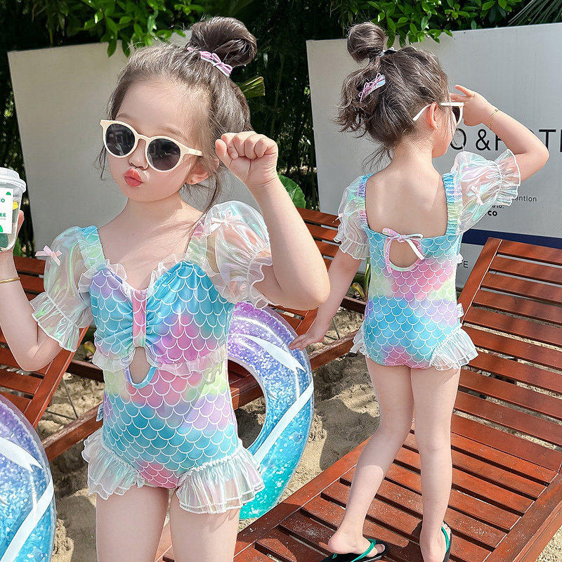女童泳衣新款超仙洋气小公主网红七彩美人鱼泳装连体夏季速干宝宝