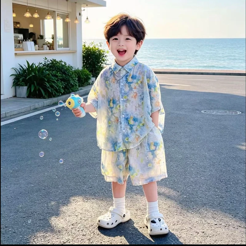 男童套装2026夏季新款儿童提花透气轻薄短袖衬衫裤子两件套韩版潮