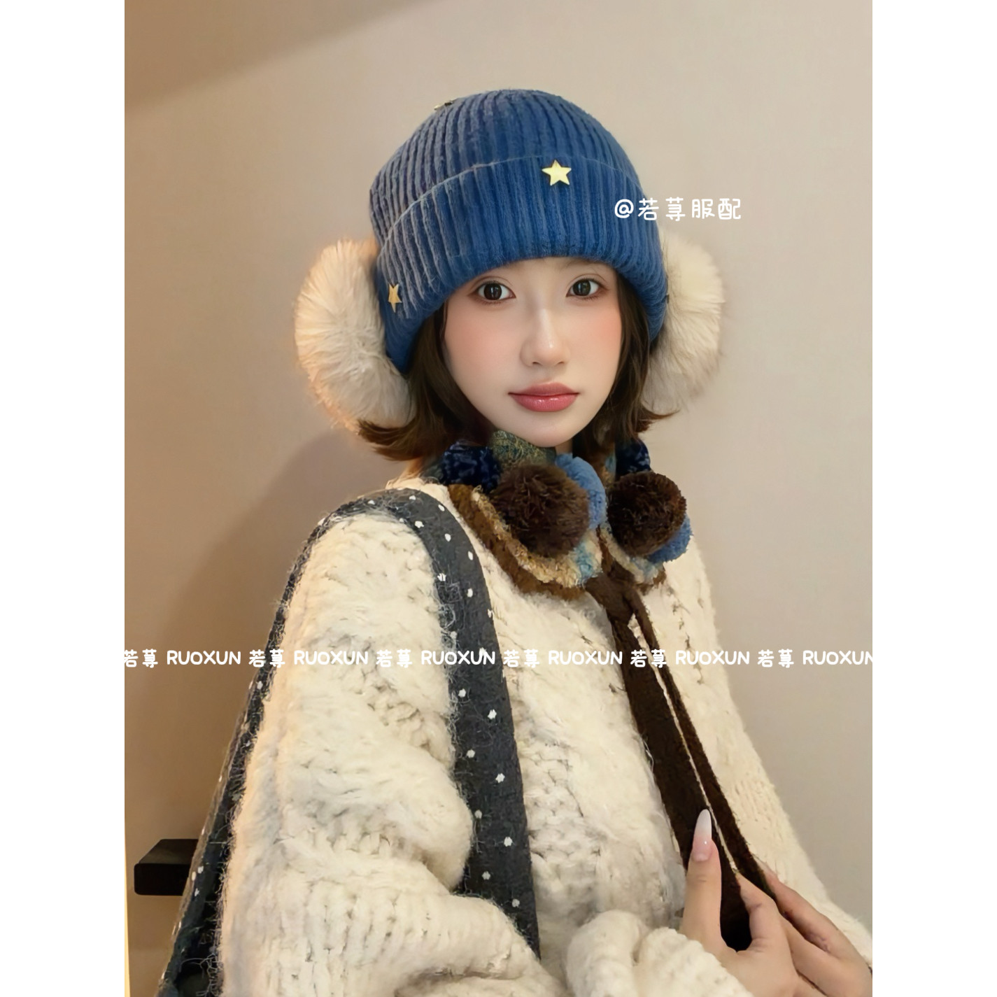 RuoXun冬季显脸小针织帽子耳包一体式防寒保暖护耳毛绒耳罩耳捂子