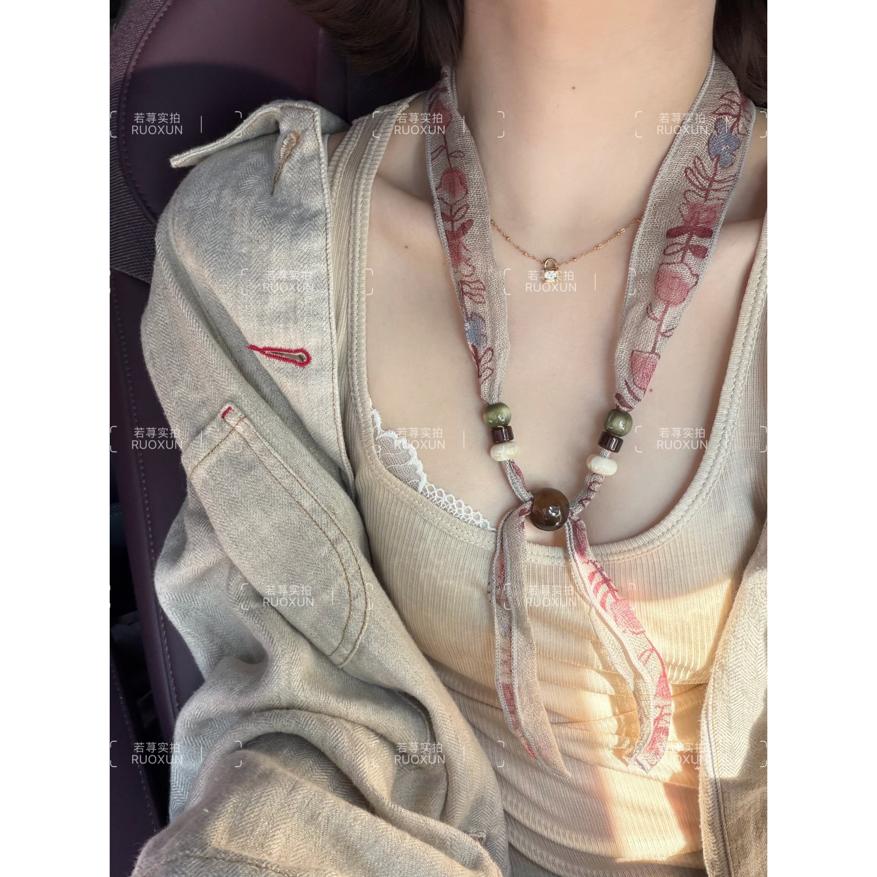 RuoXun新中式亚麻小围脖碎花丝带项链女长款绑带叠戴高级感配饰