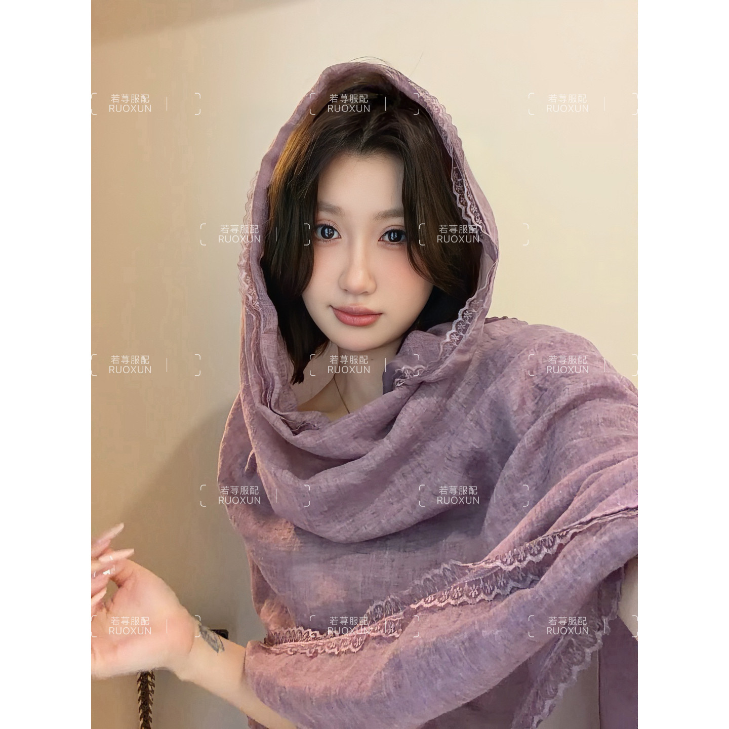 RuoXun豆沙紫花边蕾丝披肩女夏季防晒外搭川西旅游拍照氛围感纱巾