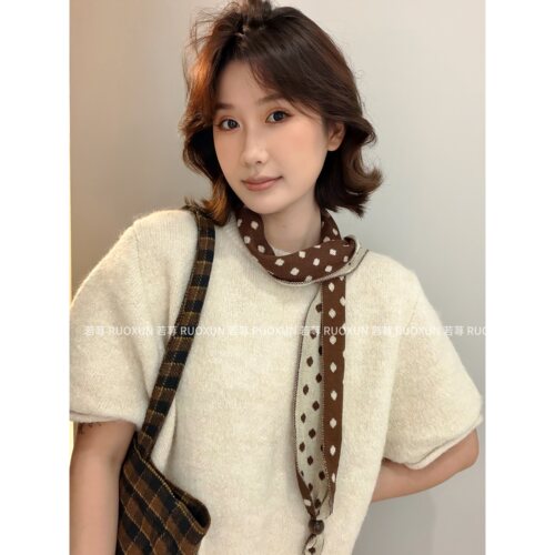亚麻复古波点串珠围巾女