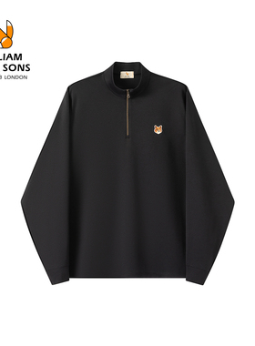 威廉福克斯男装230g黑色半拉链卫衣男款春秋立领宽松刺绣通勤上衣