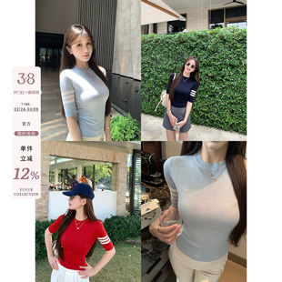 愉悦喻悦 撞色条纹圆领含羊毛半袖针织衫女春季韩系修身显瘦上衣