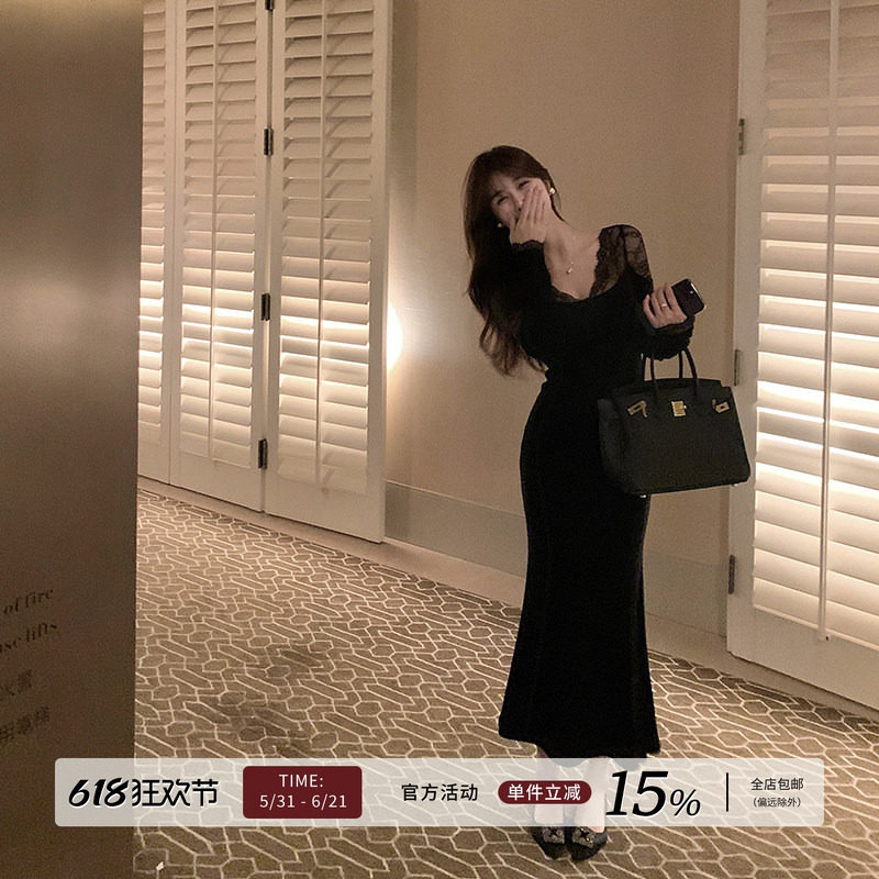 Yuyueer黑色蕾丝长袖内搭鱼尾连衣裙女冬季性感气质修身包臀长裙