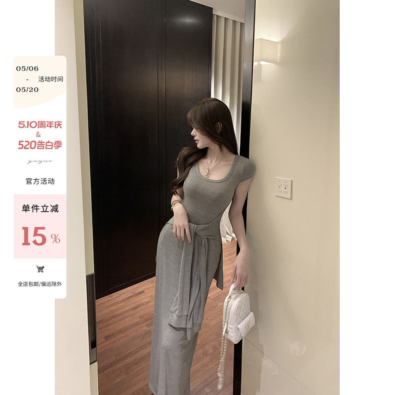 yuyuel灰色短袖绑带气质连衣裙女夏季韩系高级修身收腰长款裙子