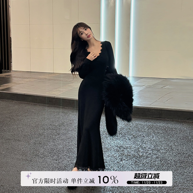 愉悦黑色V领长袖包臀鱼尾连衣裙