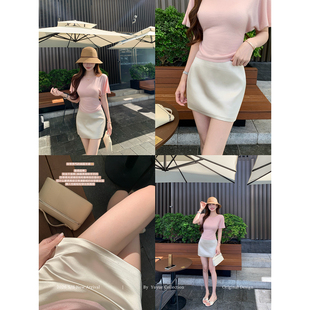Yuyueer 白色通勤高腰半身裙女夏季韩版时尚修身A字缎面包臀短裙