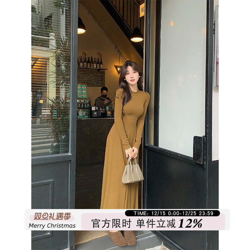 纯色半高领长袖内搭连衣裙女冬季