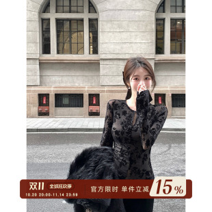 气质收腰显瘦设计感上衣 蕾丝T恤女春季 愉悦愉悦 黑色圆领打底长袖