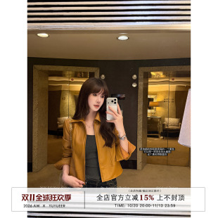 Yuyueer愉悦喻悦 pu皮翻领皮衣夹克女秋季复古正肩修身显瘦短外套