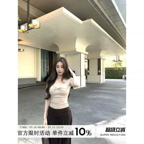 莱赛尔扭结V领半袖T恤女春夏