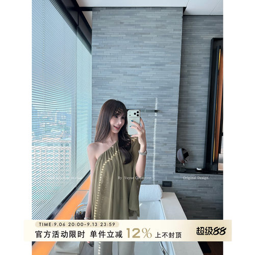 斜肩不规则宽松雪纺衫女夏季