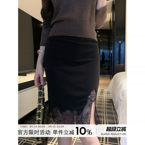 黑色含羊毛蕾丝开叉半身裙女春季