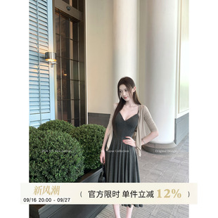 Yuyueer 深灰色性感吊带连衣裙女夏季韩版气质修身收腰A字长裙