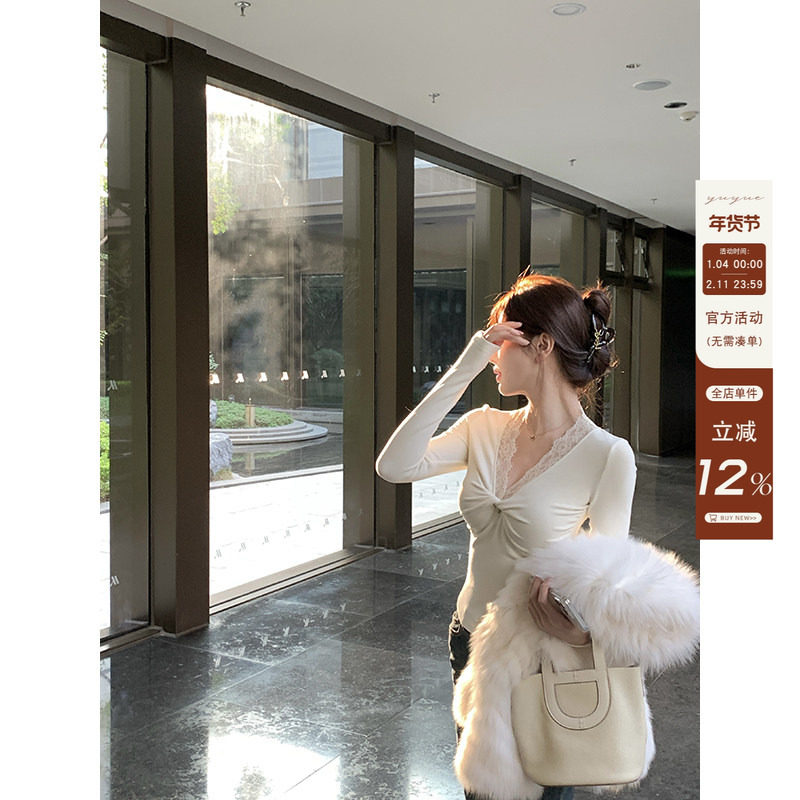 愉悦愉悦白色扭结蕾丝长袖T恤女春季性感气质收腰针织打底衫上衣,女装/女士精品,T恤,淘宝优惠券,粉丝福利购,淘宝优惠卷