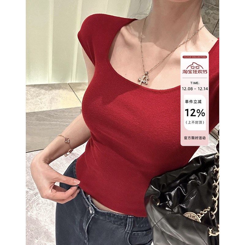 愉悦愉悦方领短袖针织T恤