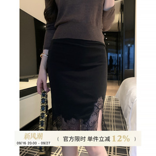 Yuyueer愉悦喻悦 黑色蕾丝开叉半身裙女春季纯欲气质包臀短款裙子