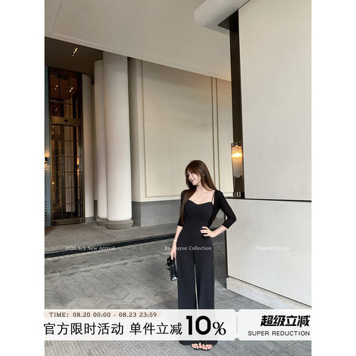 黑色V领无袖吊带连体裤女